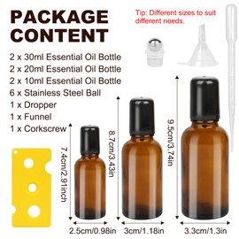 6Pcs Roller Bottles with Stainless Steel Roller Balls for Essential Oils Perfume,Refillable Empty Amber Glass Vials Cosmetic Containers Roll-on Bottles with Funnel Opener & Dropper(30ml/20ml/10ml)