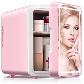Reemix Skincare Fridge, 6L Makeup Mini Fridge With Dimmable LED Light Mirror for Bedroom, Car, Office & Dorm, Cooler & Warmer, Small Refrigerator for Cosmetics, Skin Care and Food (6L Mirror, Pink)