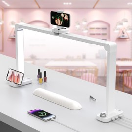 Nail Desk Lamp for Nail Tech, Foldable 34in 48W Half Moon White Light With Phone Holder and USB Charging Port, 3 Color Temperature Dimmable LED Desk Light for Handicrafts, Manicure, Tattoos, Painting