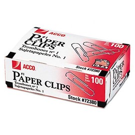Acco Brand Paper Clips, #1 Size, Economy, Non-skid, 10 Boxes, 100/Box (72385)