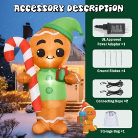 YOUBEMAGIC 6FT H Lovely Christmas Inflatable Gingerbread Man with Candy Cane and Gift Box, Blow up Gingerbread Man, Christmas Inflatables Gingerbread with Bulid-in LEDs for Indoor Outdoor Decoration