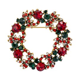 SELOVO Wreath Green Red Austrian Crystal Round Brooch Pin Antiqued Gold Tone
