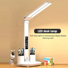Desk Lamp LED USB Charging Touch Control Table Lamps 3 Colors 5 Brightness Eye-Caring Reading Light Bedside Phone Holder 3 in 1 LCD Calendar Temperature Alarm