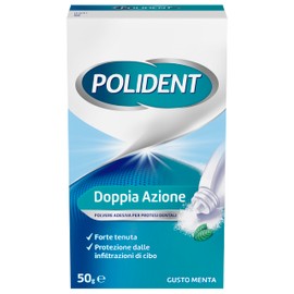 Polident Doppia Azione, Polvere Adesiva per protesi Dentali, Forte tenuta, Protezione dalle infiltrazioni di cibo, Gusto menta, 50g