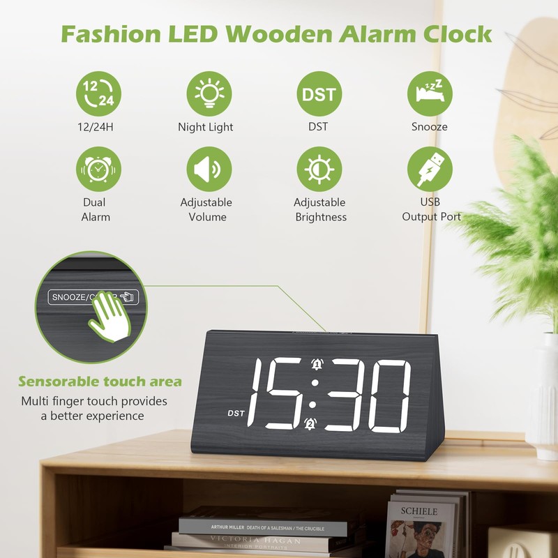 KeeKit Wooden Digital Alarm Clock, Large Display LED Clock with