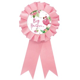 Flamingo Big Brother Tinplate Badge Pin, Flamingo Brother to Be Pin, Tropical Happy Birthday Boy Button for Boy, Pink Rosette Big Brother Award Ribbon, Hawaii Luau Themed Birthday Party Favors