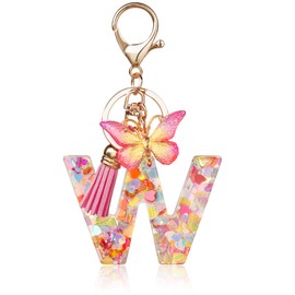 OSDUE Key Chain for Women, Alphabet Keyring, Girls Keyring, Pink Keyring, Butterfly Keyring Letter for Women Girls Birthday Gifts, Letter W