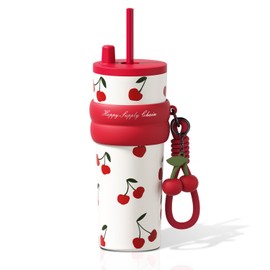 Sidagar 710ml Water Bottle Vacuum Insulated Tumbler Stainless Steel Reusable Straw Leak Proof Water Bottle Hot and Cold Travel Coffee Cup Cherry