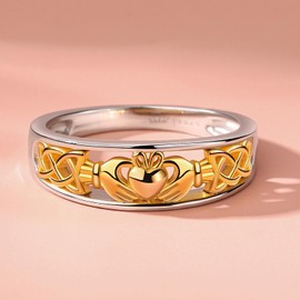 Jeulia Claddagh Rings for Women 925 Sterling Silver 14K Gold Plated Wedding Band Two Tone Cubic Zirconia Engagement Ring Anniversary Promise Romantic Jewelry Gift (8)