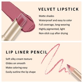Boobeen Lip Liner and Lipstick Set, Ultra Long-Lasting Nude Matte Lip Liner Cream Lipstick Waterproof Lip Colour Set of 2