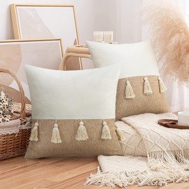 Merrycolor Boho Throw Pillow Covers 18 X 18 Set of 2 with Tassels Beige Neutral Pillow Covers Farmhouse Pillows Bohemian Boho Pillows Decorative Throw Pillows Covers for Couch Sofa Living Room