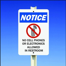 Notice No Cell Phones or Electronics Allowed in Restroom Aluminum 8" x 12" Metal Sign