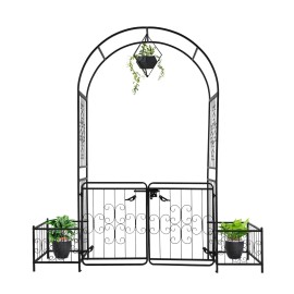 7.2ft Black Iron Garden Wedding Arch Outdoor Decorative Arched Top Gate 16mm Tubes Metal Arbor Trellis Planter Boxes Climbingcolor: Black1