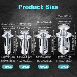 HINZIC 40pcs M4 M5 M6 M8 Petal Nuts, Expansion Screw Jack Nut, Insert Nuts Carbon Steel Petal Shape Metal Nut for Hollow Wall Iron Plastic Polywood Pressboard Hardboard- Silver