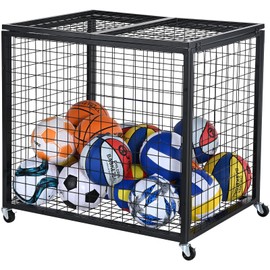 VEVOR Rolling Sports Ball Storage Cart, Lockable Basketball Cage with Double Lids, Sport Equipment Holder Organizer for Indoor Outdoor, Steel Storage Rack for Garages, Playgroup, Gym and Schools