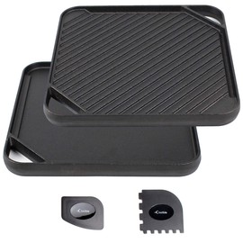 Cast Iron Griddle (10.63" by 10.63"), Reversible, Pre-Seasoned, Grill and Griddle Combo Pan, BBQ, Campfire, fits over one stovetop burner