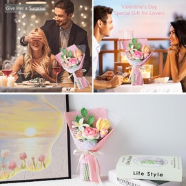 Aiouclay Valentines Day Gifts for Her Wife, Crochet Flowers Bouquet, Knitted Flowers Bouquet, Gift for Valentine's Day, Birthday, Anniversary, Knitted Pink Roses Bouquet with Pearl(Pink wrap)