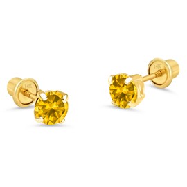 14k Yellow Gold 5mm November Round Cubic Zirconia Basket Children Stud Screwback Baby Girls Earrings