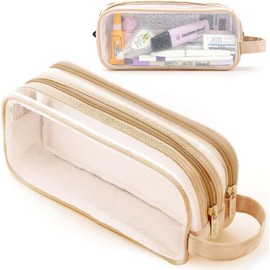 Large Grid Mesh Pencil Case 2 Compartments, Clear Pen Pencil Pouch with Zipper, Multifunction Transparent Stationery Bag for Student College Office Teen Boys Girls Makeup Bag for Adults