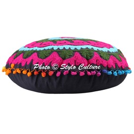Stylo Culture Ethnic Decorative Round Floor Cushion Cover 45 x 45 cm Small Seat Pouf Cushion Traditional Black Boho Embroidered Suzani Pom Pom Lace Cotton Flowers Floor Cushion Stool