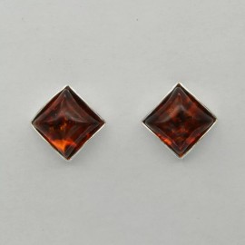 Amber America Cognac / Brown Square BALTIC AMBER Post Stud Earrings 925 STERLING SILVER #1108