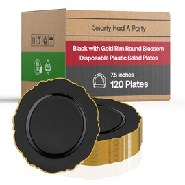 Smarty Had A Party Elegant Disposable Plastic Heavy Duty Dinnerware Sets, Blossom Rim Design Plastic Plates, For Wedding, Birthday & All Occasions (Black with Gold, 7.5" Salad Plates (120 Plates))