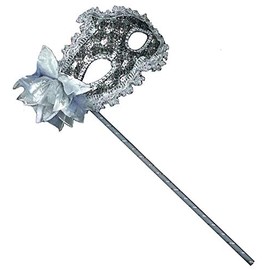 AZYOUNG Women's Masquerade Masks Side Feather Flower Petal Hand Held Lace Mask with Stick,(Gray)