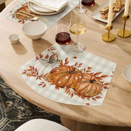 Artoid Mode Orange Buffalo Plaid Pumpkin Leaf Round Table Wedge Placemats Set of 4, Seasonal Fall Kitchen Dining Table Decoration for Indoor Party Home