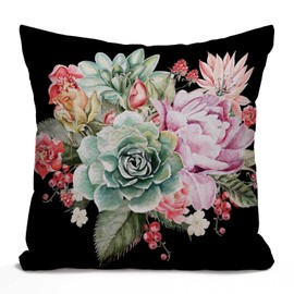 Tomda Watercolor Vintage Rose Decorative Cushion Cover, Peony Succulents Cotton Linen Outdoor Pillow Cases Square Standard Throw Pillow Cover Case for Sofa Couch Bed Car 45x45cm 18x18 Inch