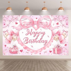 Luminora 72x43inch Fabric Pink Bow Happy Birthday Backdrop Balloons Love Heart Gifts Photography Background Women Girls Birthday Party Decorations Photo Banner