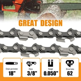Anxingo 4 Pack 18 Inch Chainsaw Chain, 3/8" LP Pitch .050" Gauge 62 Drive Links, Replacement for Poulan Replacement for Kobalt Replacement for Echo Replacement for Ego Models