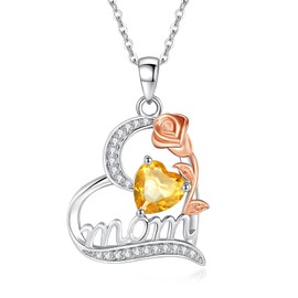 FANCIME Mom Birthstone Necklace for Women Citrine Mom Rose Heart Necklace I Love You Mom Gifts Mother's Day Gifts November Jewelry Gifts for Grandmother Mom Wife, 16"+2" Inches