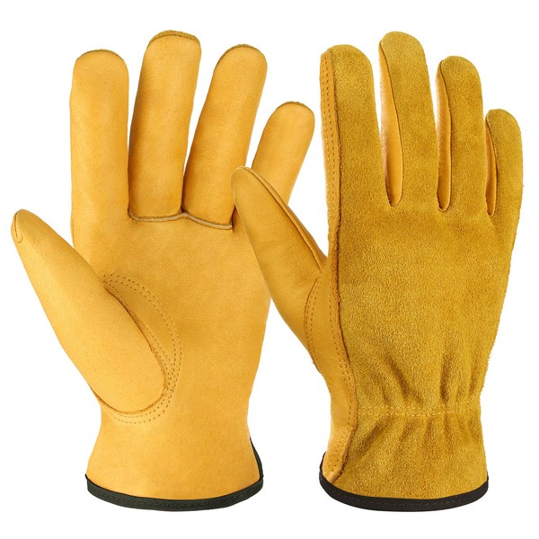 OZERO Leather Work Gloves Flex Grip Tough Cowhide Gardening Glove for Wood Cutting/Construction/Driving/Garden for Men and Women 1 Pair (Gold,Large)