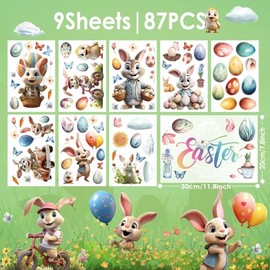 Hianjoo Pegatinas para Ventana del día de Pascua, 9 Hojas 87 pcs Conejos, Mariposa, Zanahoria, Flor, Huevo de Pascua, Happy Easter Pegatinas de Vidrio para Decoración de Pascua