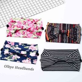 Olbye Leopard Button Headband Wide Elastic Nurse Head Bands Workout Yoga Sports Hair Band Non Slip Turban Headwrap Mask Ear Saver Sweatband Boho Hair Accessories for Women and Girls 4Pcs (#5 Floral)