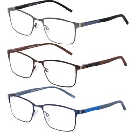 DJOLENSA 3 Pack Reading Glasses Men, Blue Light Blocking Reading Glasses 3.0, Anti Eyestrain/Glare/UV, Metal Frame Spring Hinge Computer Readers with Pouches (3.0+)