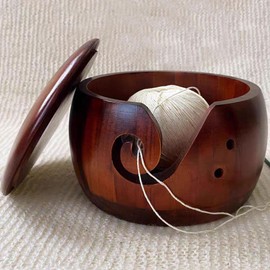 EdisonBrain Pine Wood with Lid Dustproof Yarn Bowl Knitting Bowl Knitting Thread Crochet Yarn Storage Hand Knitting Craft Sewing Tool (Brown)