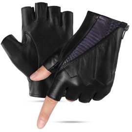 FIORETTO Mens Fingerless Leather Driving Gloves – Genuine Sheepskin Half Finger Motorcycle Gloves, Unlined Black-blue X-Large