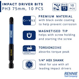 10 x Rennie Tools 75mm Long PH3 Impact Screwdriver Driver Bits Set. Magnetic Phillips No.3 Heavy Duty Impact Driver Bit Set. Long PH3 Bits.