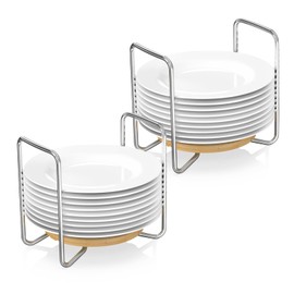 Piconico Plate Holder for Kitchen Drawers - Bamboo Dish Racks for Kitchen Counter 2Pcs Small - Adjust 6.75" to 8" Stainless Steel Plate and Bowl Organizer for Cabinet, RV, Countertop