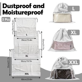 LELE LIFE 3Pcs Dust Bags for Handbags and Purses, Velvet Drawstring Purse Protector Bag with Clear Window, Shoe Handbag Dust Cover Bags for Storage and Travel, 3 Sizes,Grey