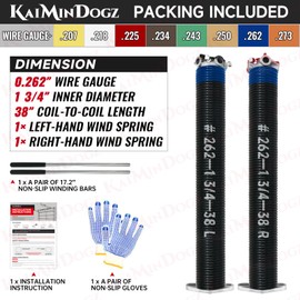 KaiMinDogz Pair of 1.75" Garage Door Torsion Springs Set with Non-Slip Winding Bars&Gloves, High Precision Electrophoresis Oil-Free Black Coated for Replacement, MIN 16,000 Cycles (0.262 x 1.75"x 38")