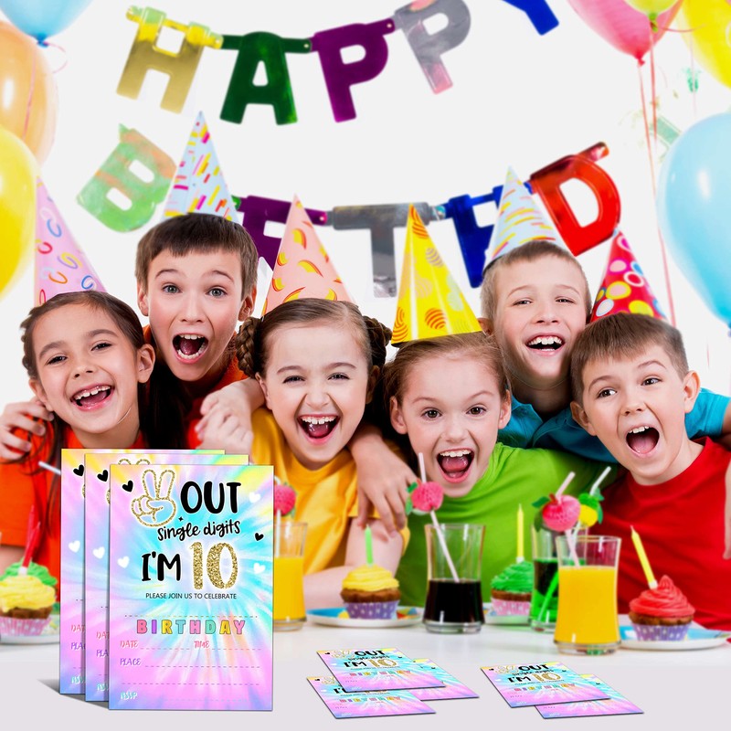 YSTEP Tie Dye 10th Birthday Party Invitations, 20 Invite Cards