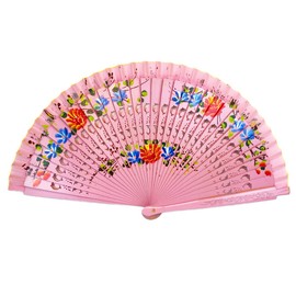lanermoon Vintage Spanish Folding Fan for Women,Doubled-Side Flower Painting Gypsy Wooden Hand Fan for Dance,Festival Decoration and Gift (Pink)