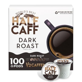 World's Best Half Caff Dark Roast Coffee Pods, 100 ct, Recyclable Single Serve Pods – 100% Arabica Coffee, Compatible with Keurig K Cups Maker