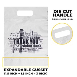 AlfaEx Pack of 40 Die Cut Thank you bags in various languages. Strong and reusable for small businesses and gift items. (White, Medium (12" x 15" x 1.5" gusset))