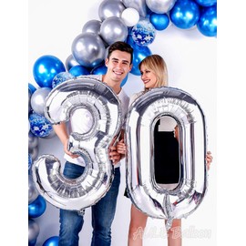 AULE 40 Inch Jumbo Silver Foil Mylar Number Balloons for Men Women 30th Birthday Party Decorations 30 Years Old Anniversary Party Supplies