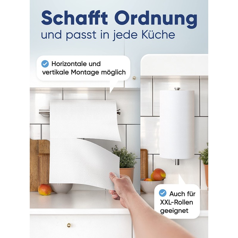 WOHNHELD® Kitchen Roll Holder No Drilling [With Roll Brake for