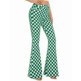 Odefou Checkered Flare Jeans for Women High Waisted Bell Bottoms Stretch Bootcut Plaid Pants St Patricks Gifts(Green White Plaid,0)