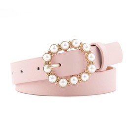 COTIM COYIN Pearl Buckle Skinny Leather Belt for Women, Adjustable Pin Buckle Belt, Fashion Belt with Pearl Buckle, Pink